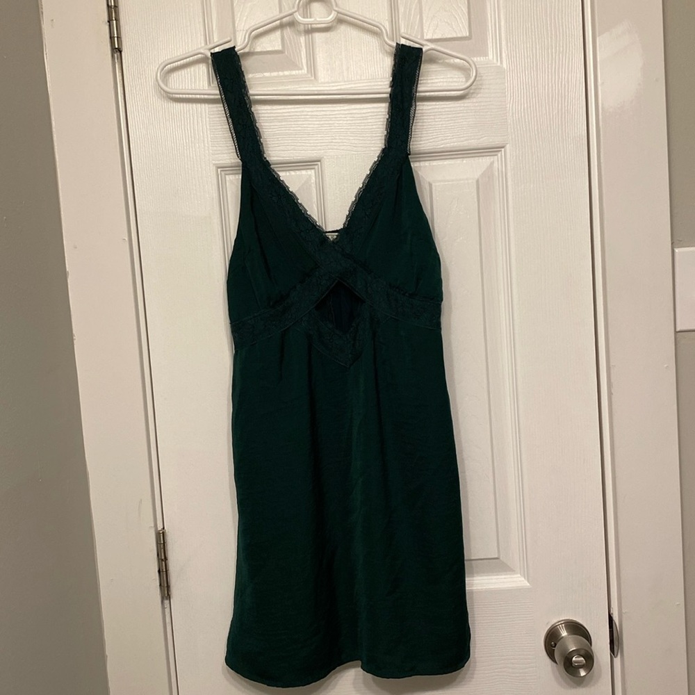 American Eagle Green Silky Cut-out Printed Lace Mini Dress